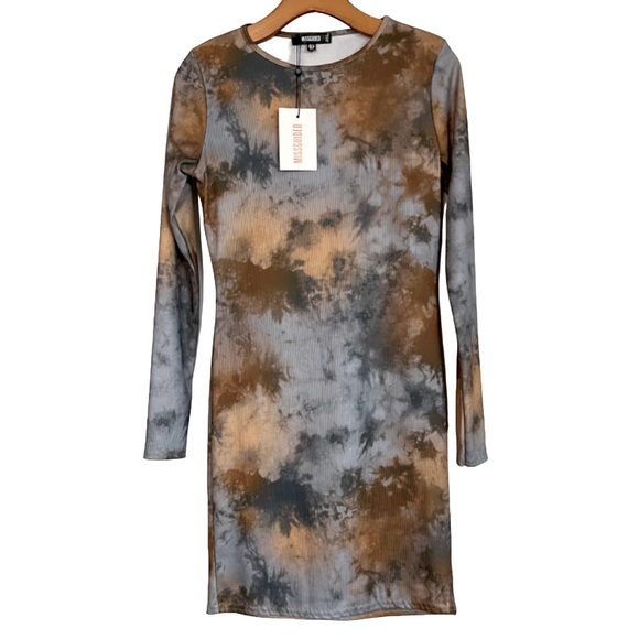 Missguided Tie Dye Long Sleeve Mini Dress Gray Brown Tan 6 NWT - Picture 1 of 6